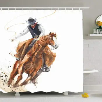 

Shower Curtain Set with Hooks 66x72 Cowboy Shoot Rope Riding Horse Ride Rodeo Painting Calf Roping Style Man Animals On Wildlife
