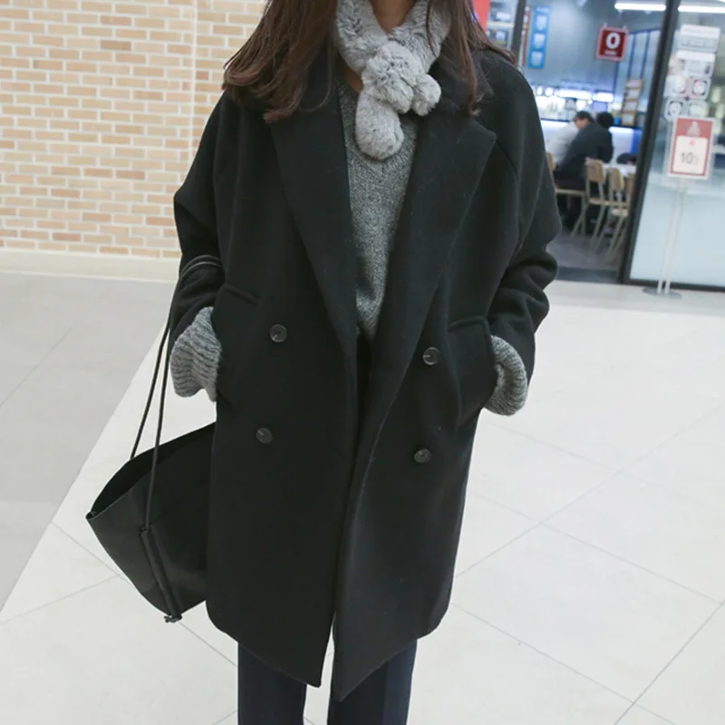Новое приталенное Женское пальто, Осеннее и зимнее шерстяное пальто для отдыха, женское двубортное длинное пальто, большие размеры, S-XXL - Цвет: Черный