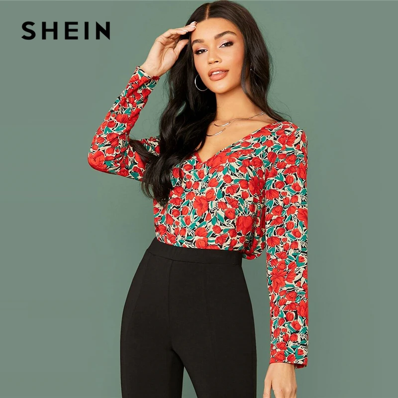 SHEIN разноцветная Повседневная Блузка с v образным вырезом и цветочным принтом
