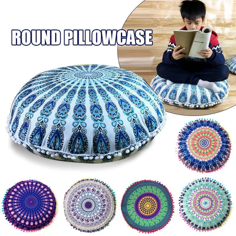 

43/80CM Round Bohemian Mandala Pattern Pillowcase Indian Elephant Printed Cushion Cover Boho Meditation Floor Pillows Case