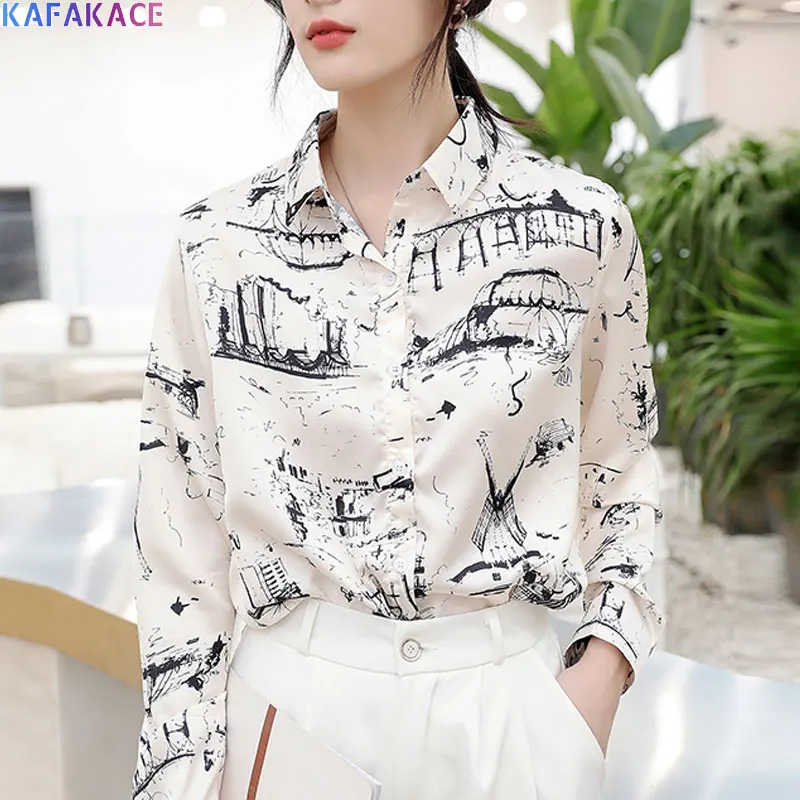 

KAFAKACE 2020 Women Blouse Autumn Blouse Show Thin Pattern Printed Tops&Tees New Casual Spring Loose Korean Style White Shirts