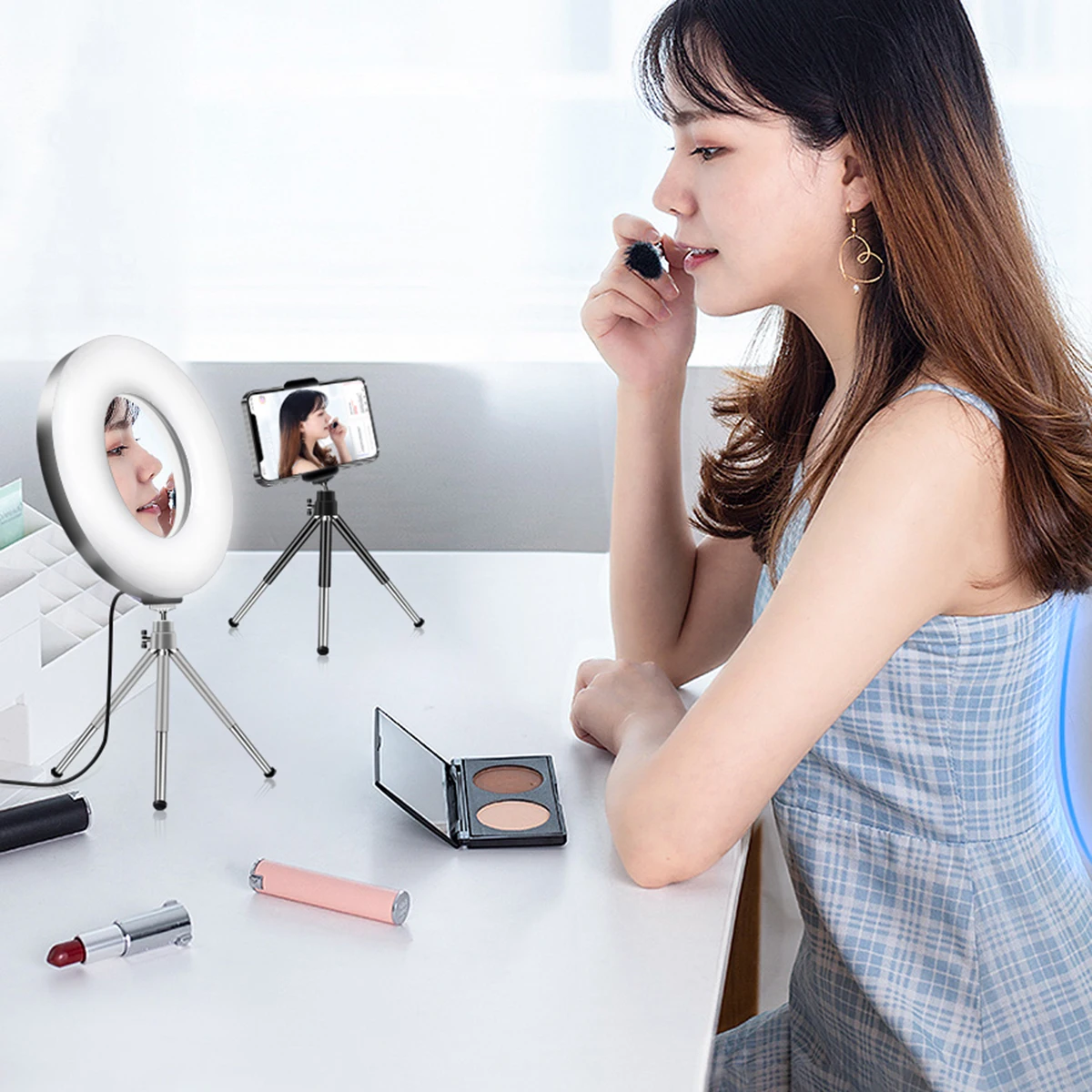 LED Ring Light 4-In-1 Table Top Dimmable With Mirror Tripod Stand Cell Phone Holder USB LED Ring Lights For Live Studio Makeup