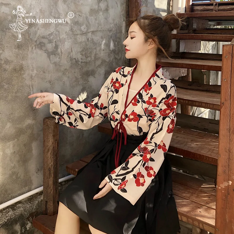 Kimono Japanese Style Woman Asian Skirt Fashion Floral Haori Girls Top and Skirt Outfits Full Sleeve Japanese Dress for Women