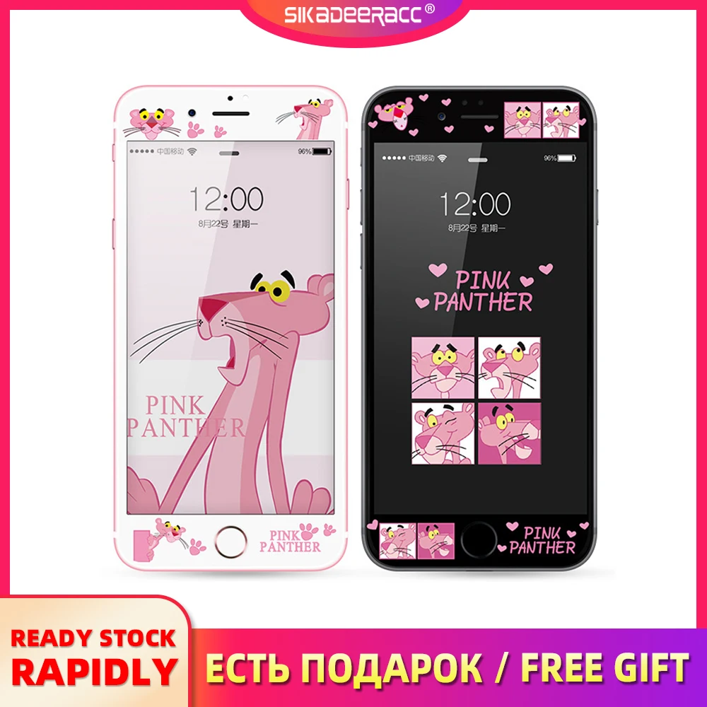 

Cute Cartoon Pink Panther 4.7 inch Tempered Glass Screen Protector For iPhone 7 6 8 6s Plus Lovely Animal Front Shell Case Cover