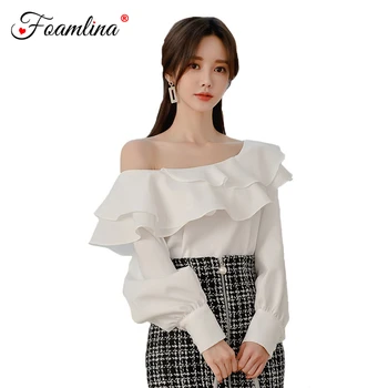 

Foamlina 2020 New Spring Fashion Women White Blouse Korean Style Slash Neck Long Lantern Sleeve Ruffles Casual Female Shirt