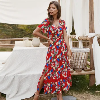 

Fashion Boho V-neck Dress Women Summer Beach Dress Floral Print Short Sleeve Maxi Long Dress For Women Elegant Vestidos 2020 New