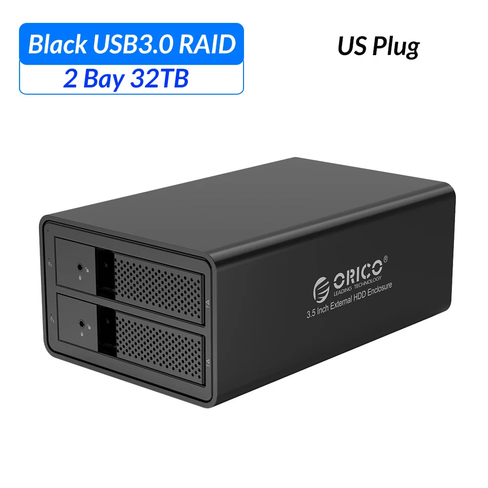 Док-станция ORICO 3,5 дюйма с двумя отсеками для жесткого диска USB3.0 на SATA с RAID алюминиевым корпусом для жесткого диска 78 Вт внешний адаптер питания чехол для жесткого диска - Цвет: Black US Plug
