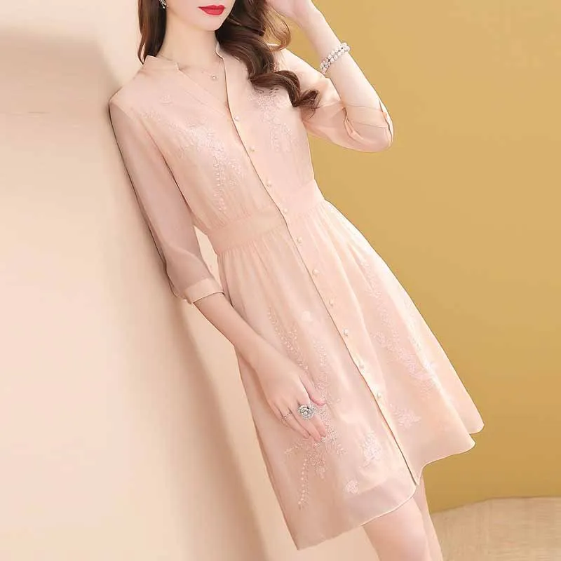 

Ozhouzhan Three-quarter-length Sleeve Embroidered Slimming Dress Women's Spring And Summer Mid-length 2019 New Style Popular Sum