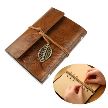 

Vintage Style Leaf Leaves Pattern PU Cover Loose-leaf String Bound Blank Notebook Notepad Travel Journal Diary Jotter (Brown)
