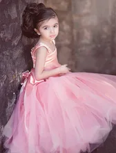 Long Flower Girls Dresses Pink Tulle Ball Gown Square Neck Straps Floor Length Bodice Formal Party Dress for Infants Toddlers