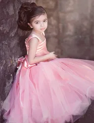 Long Flower Girls Dresses Pink Tulle Ball Gown Square Neck Straps Floor Length Bodice Formal Party Dress for Infants Toddlers