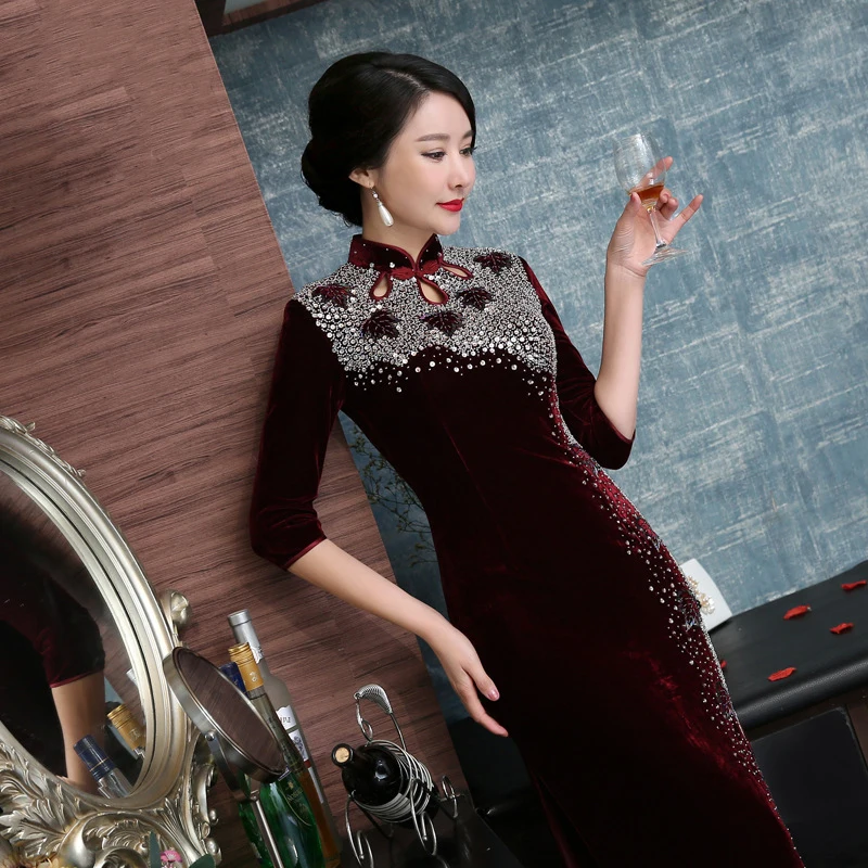 Китайские платья, женское роскошное платье Qipao, новинка, воротник-стойка, сексуальное вечернее платье Cheongsam, ручная работа, бисер, винтажное платье
