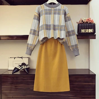 

Winter Women Slim Casual Plaid Knit Skirt Two Piece Set