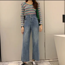 Винтажные Джинсы бойфренда с высокой талией, прямые джинсы для женщин, свободные широкие джинсы для женщин, пуговицы, пышные длинные джинсовые брюки