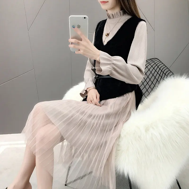 

2019 Spring New Style Korean-style Mid-length Imitation Mink Lace Long Sleeve Sweater Two-Piece Set Sweet Knitted Skirt Set