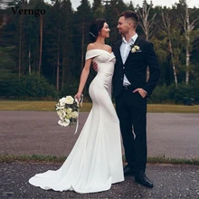 

Verngo Simple Satin Off the Shoulder Wedding Dress Mermaid Fitted Slim Women Bridal Gowns Sweep Train Custom Robe de mariage