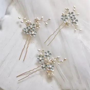 

Blue Flower Bridal Hair Pins Clips Zirconia Pearl Hairpins Gold Head Pieces For Bridesmaids Wedding Accessories Brides Jewelry