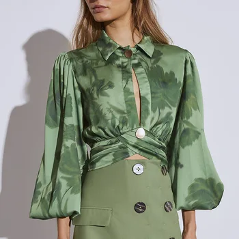 

Australia Brand Socialite Temperament 2020 Early Gao Collar Lantern Sleeve Hollow Out Irregular Folds Printing Shirt Top