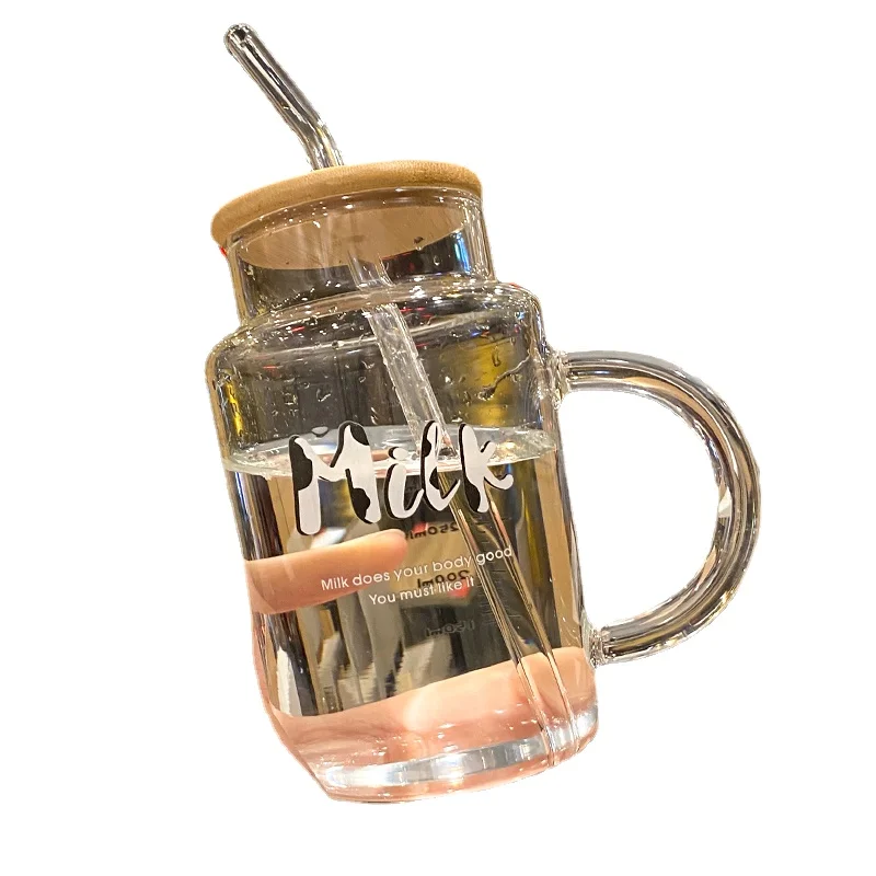 

Cute Mug with Lid Glass Breakfast Cup Coffee Tea Milk Mug Cups with Lids and Straws Wholesale Friend Gift juice tasse kawaii A