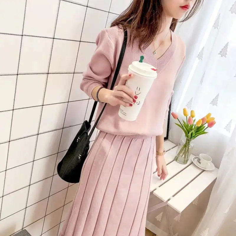 Women sweater skirt two-piece female 2020 autumn and winter new Korean fashion knit suit pullover warm solid v neck | Женская одежда
