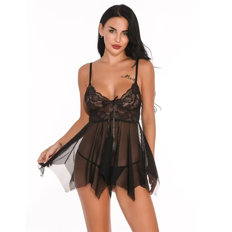 1 Set Sexy Lingerie for Women Erotic Transparent Babydoll Lace V Neck Mesh Sleepwear Dress Lingerie сексуальное белье 3Y29 (9)