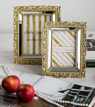 

French Carving Rectangle Gold Decorative Mirror Resin Photo Frame Table Ornaments Home Decoration Wedding Desktop Layout Crafts