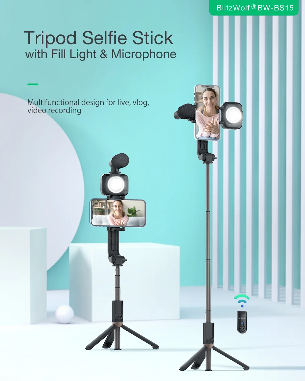 BlitzWolf BW-BS15 Tripod Selfie Stick with Fill Light & Microphone description image