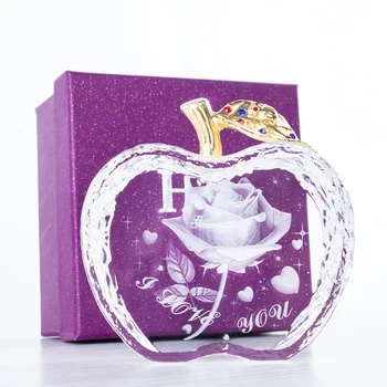 

H&D Clear Crystal Glass Apple Paperweight with 3D Rose Flower Figure for Home Wedding Decoration,Collectible Figurine Gift
