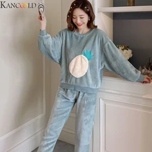 KANCOOLD зимние теплые фланелевые элегантные женские пижамы леди мультфильм печати пижамный комплект пуловер коралловый флис домашние костюмы