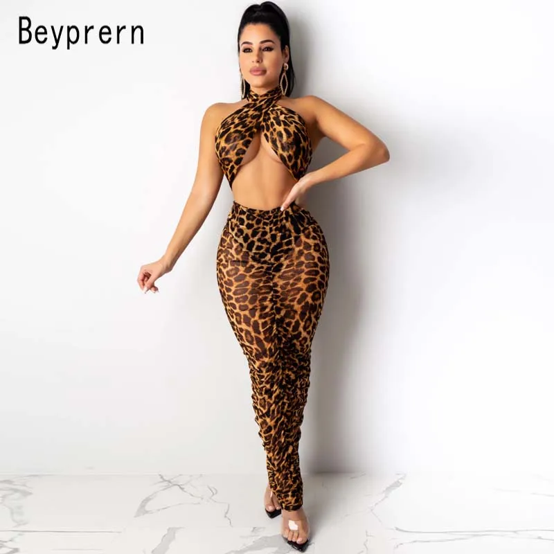Beyprern сексуальный дизайн обруча Топ и Ruched Cheetah печать юбка комплект Женская открытая леопардовая сетчатая юбка комплект из 2 предметов