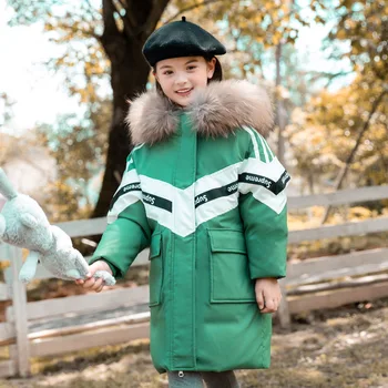 

Stripes Letters Jacket Girl Cotton-padded Outerwear Kids Warm Thick Fur Collar Hooded Long Down Coats Children Winter Down Jacke