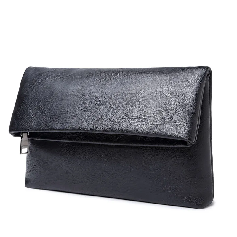 Ougger Men Black Clutch Bags Messenger Bag Solid Zipper PU Soft Business Large Capacity Women Leather Handbags and Purses