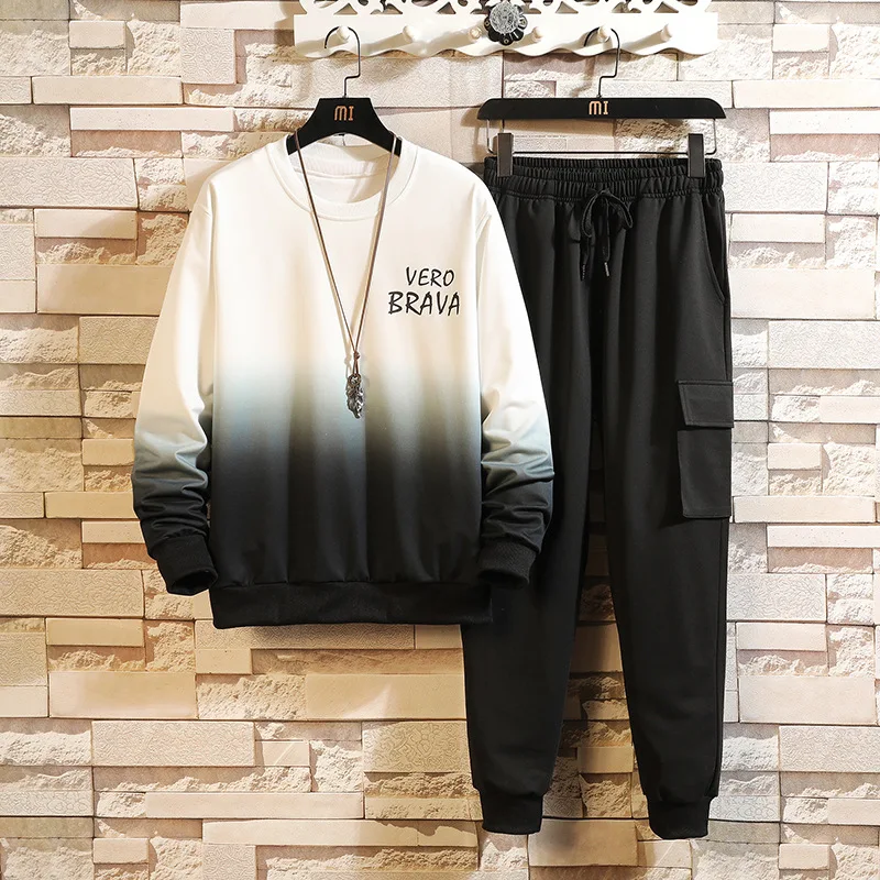 

New Men's Casual Hip-Hop Loose Sports Suit Male Student Dance Clothes Two-Piece Outdoor Leisure Color Matching Fleeces Suit