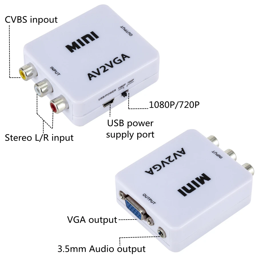 Convertitore Video PzzPss 1080P Mini convertitore Video da RCA AV a VGA con Audio da 3.5mm AV2VGA / CVBS + Audio a PC HDTV