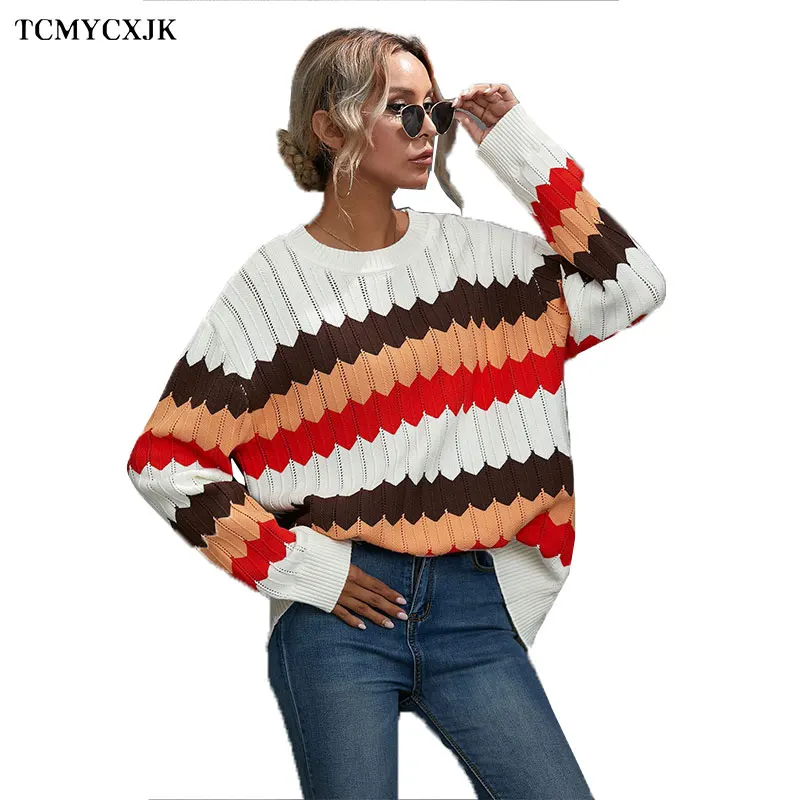 

Wave Pattern Color Matching Sweater Womenâ€™s 2020 Autumn/winter Round Neck Striped Contrast Knit Sweater Casual All-match Sweater