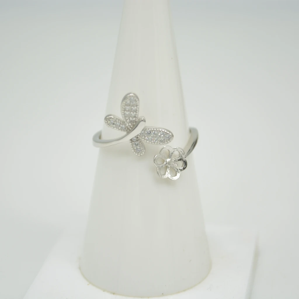 S925 Sterling Silver DIY accessories ring mountings female style micro inlaid butterfly pearl opening ring fittings wholesale