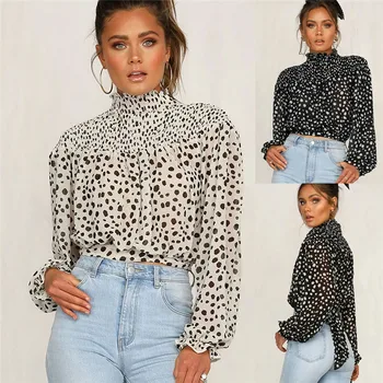 

Elegant Women Turtleneck Dot Print Long Sleeve Chiffon Shirts Blouses Tops Collect Waist Blouse Shirt Tunic Outwear Shirts Tops
