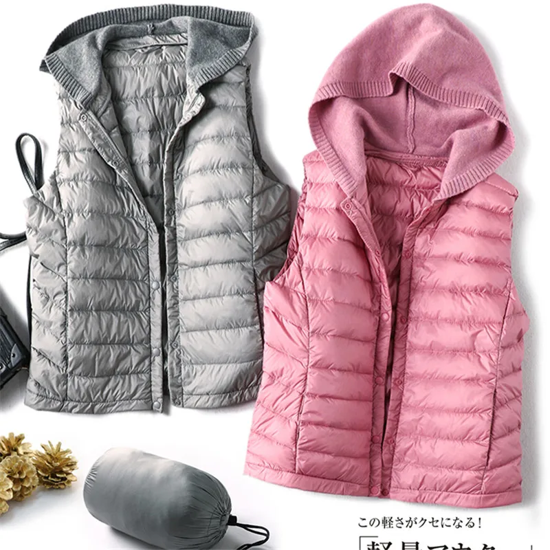 

Autumn Winter Women White Duck Down Jackets Ultra Light Short Knitted Hooded Patchwork Vest Casual Sleeveless Waistcoat Parkas