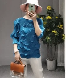 baby blue LANMREM Новая летняя модная женская одежда с круглым вырезом стиль летучая мышь плиссированный винтажный женский топ Япония женская рубашка WH24912 - Цвет: baby blue
