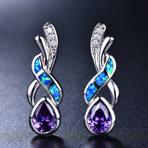 Vintage Blue Man-made Fire Opal Silver Plated Stud Earrings Water Drop Zircon Women Wedding Party Earrings Best Gift