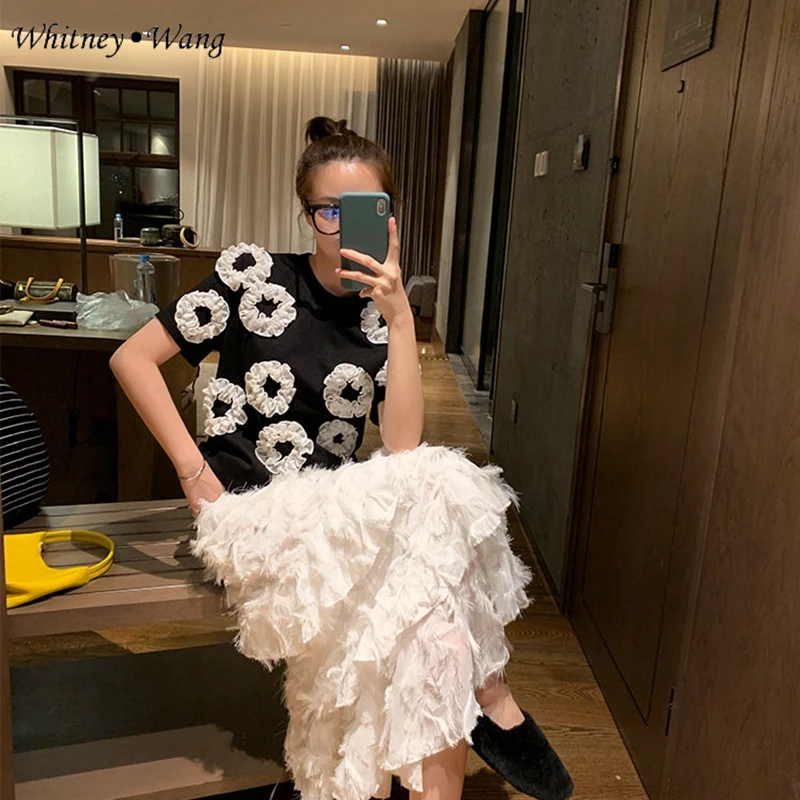 WHITNEY WANG футболка весна лето мода уличная пончики оборки Футболка женская футболка Топ женские футболки