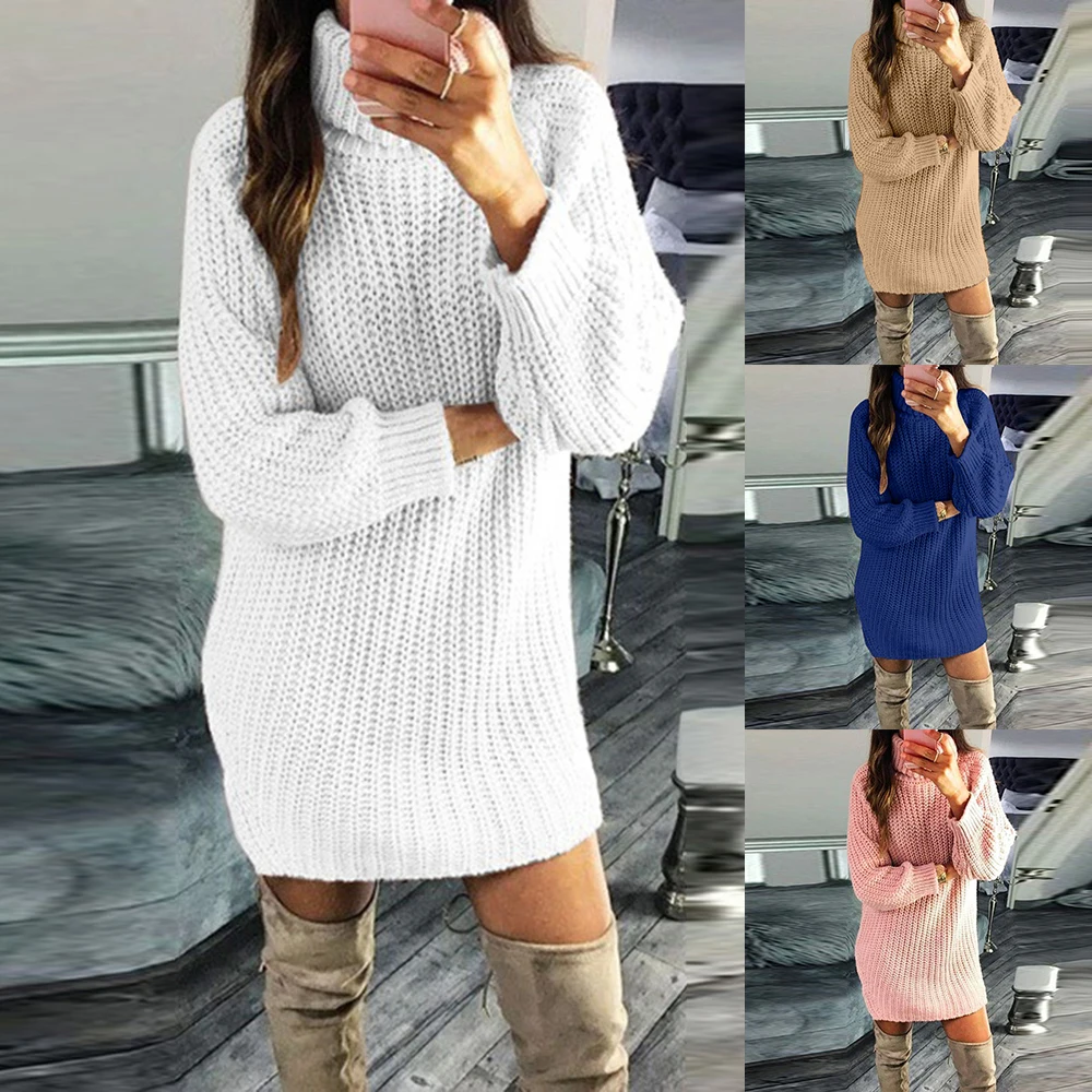 

2019 Women Sexy Knitted Sweater Dress Solid Autumn Turtleneck Pullover Casual Mini Sweaters Ladies Long Sleeve Knit Jumpers