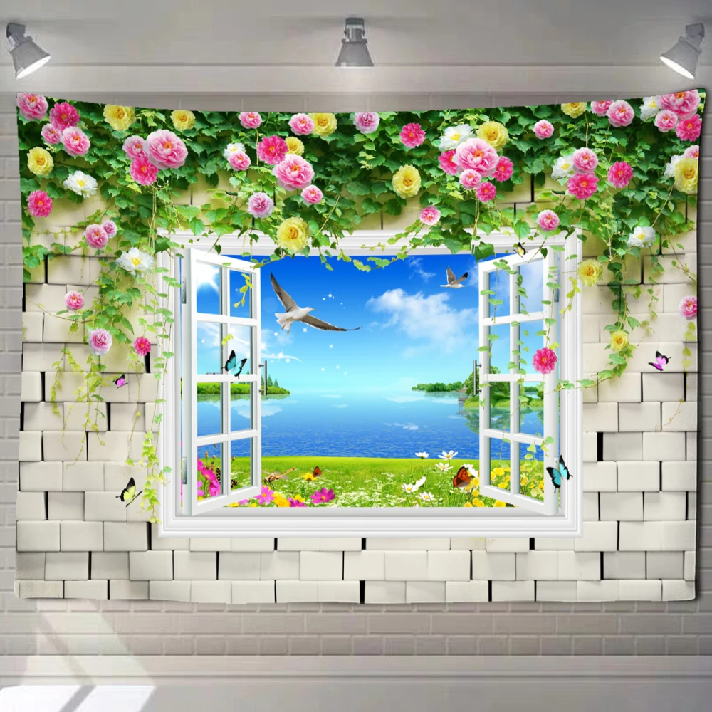 Tapestry Decorations Beach Landscape Window Painting Tapestry Wall Hanging Hippie Tapiz Psychedelic Art Background Home Decor