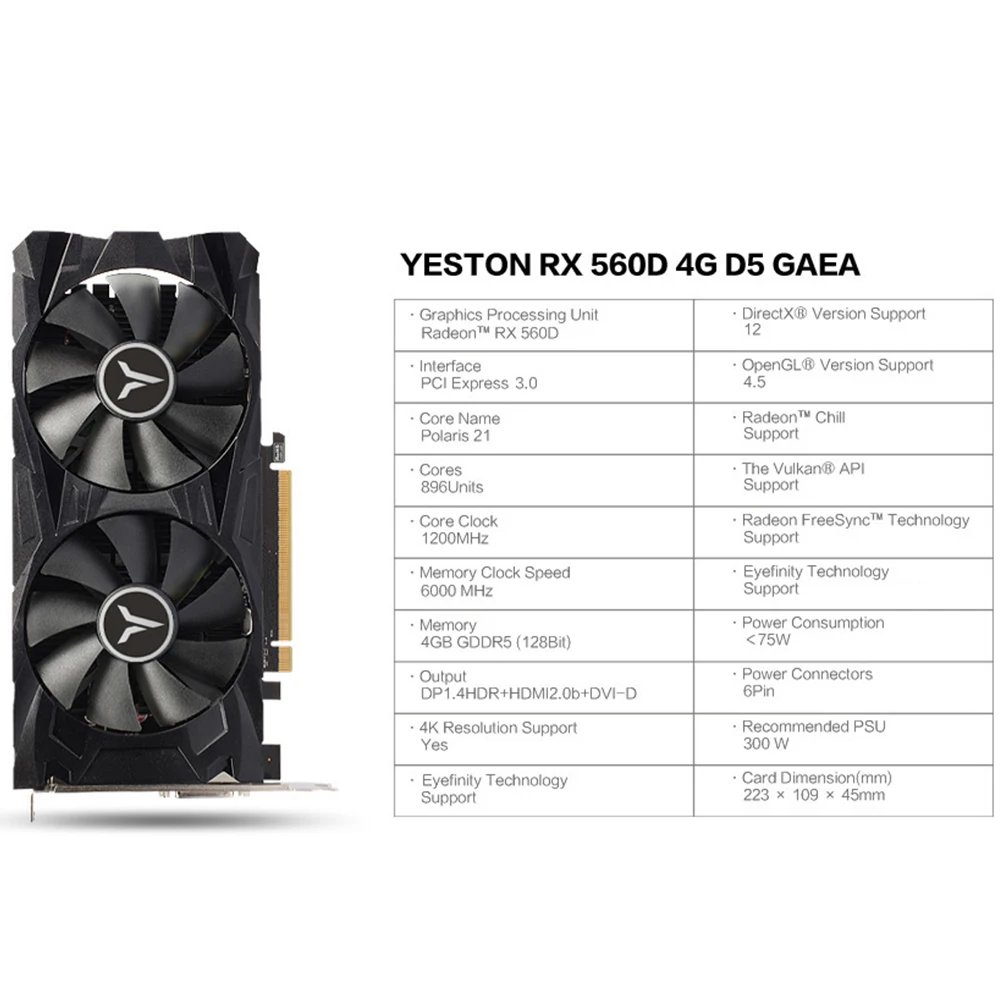 Yeston Radeon RX 560D GPU 4 ГБ GDDR5 128 бит игровой настольный компьютер ПК видеокарты Поддержка DVI/HDMI