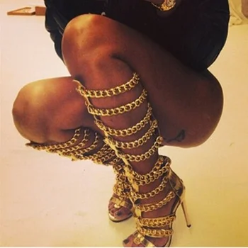 

Sexy Gold Chain Strap Knee High Boots Peep Toe Black Silver Leather Platform Dress Shoes Hollow Gladiator Dress Shoes Big Size
