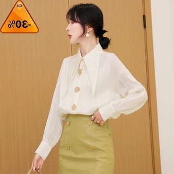 

Fashion Autumn New Korean Style Women White Blouse Big Turn-down Collar Design Button Retro Chiffon Shirts Female Tops