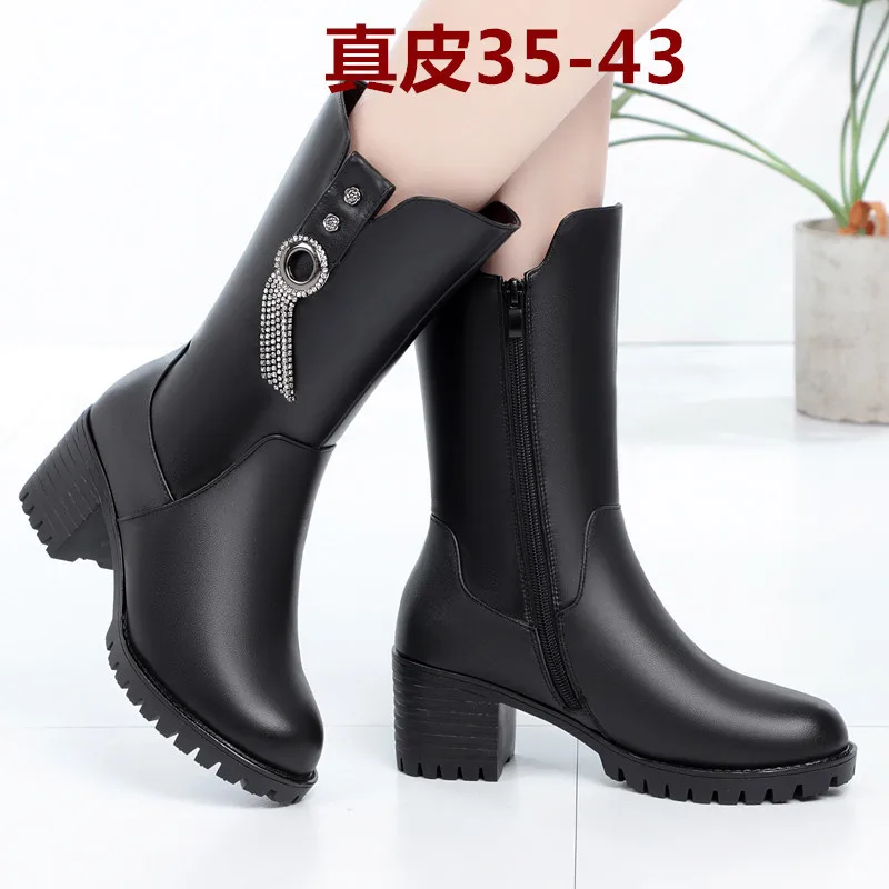 GKTINOO Genuine Leather Women Long Boots High Heels Fashion Platform Tassel Boots Female Natural Wool Winter Boots Women Shoes