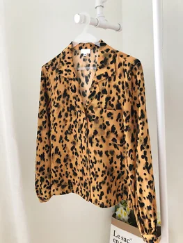 

Women Shirt Leopard print yellow suit collar silk shirt
