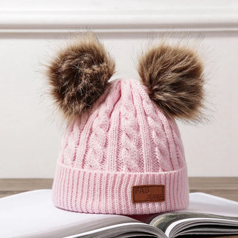 Beanies/детская зимняя шапка с помпоном; вязаная Милая шапочка для девочек и мальчиков; повседневные однотонные детские шапки для девочек