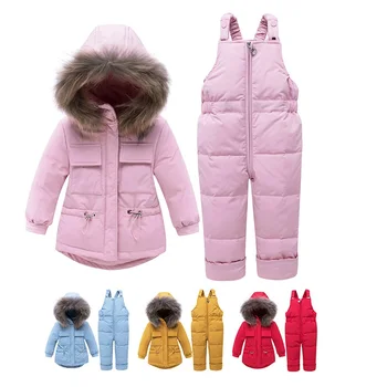 

Boys Winter Warm Duck Down Jackets Pants Toddler Kids Big Fur Hooded Down Snowsuits Girls Ski Suit Jackets+bib Pants 2pcs/set